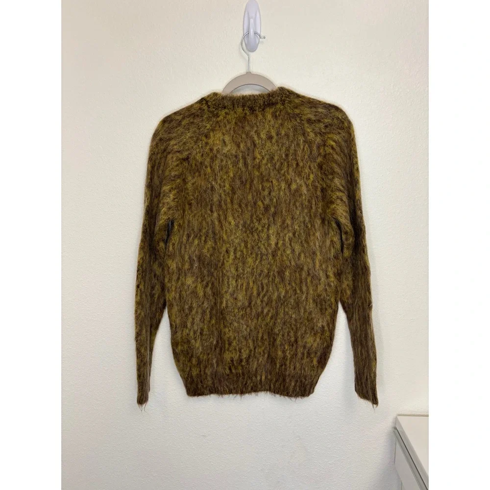 New With Tag Vintage Fuzzy Hairy Mohair V Neck Sweater  Olive Moss Mustard - Picture 2 of 9